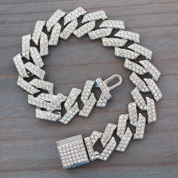 15mm 8inches Cuban Ice Curb Diamond Chain Silver Plated Bracelet with Rhinestone - Picture 4 of 4